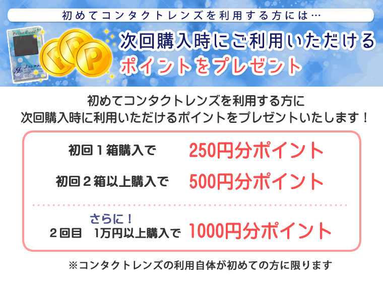 初めてコンタクトレンズを利用する方に、次回購入時に利用いただけるポイントをプレゼントいたします！
