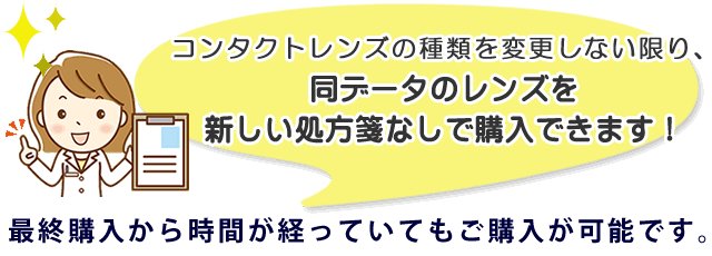 コンタクトレンズの種類を変更しない限り、同データのレンズを新しい処方箋なしで購入できます！最終購入から時間が経っていてもご購入が可能です。